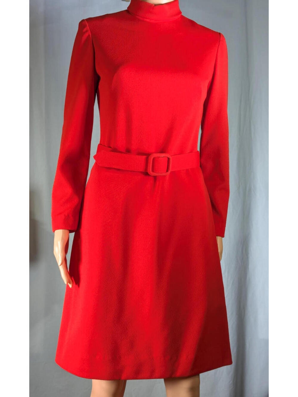 Vintage 1970's Red Mod Dress Handmade Belted Mock Neck Long Sleeve A-Line Small